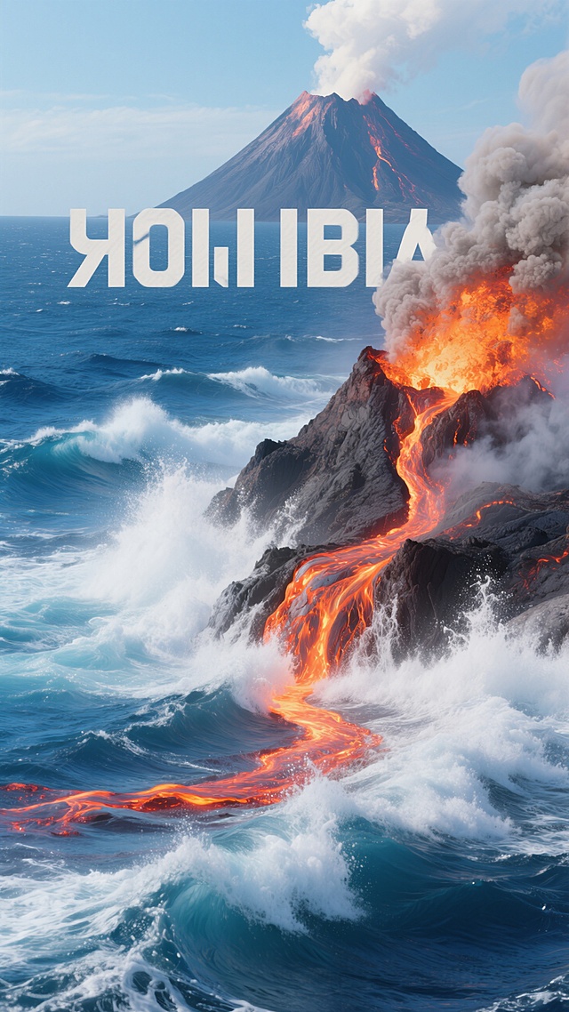 火山和海洋相会相知，纪念这灾难突发的时刻，揭示着自然灾害的危急和汹涌
