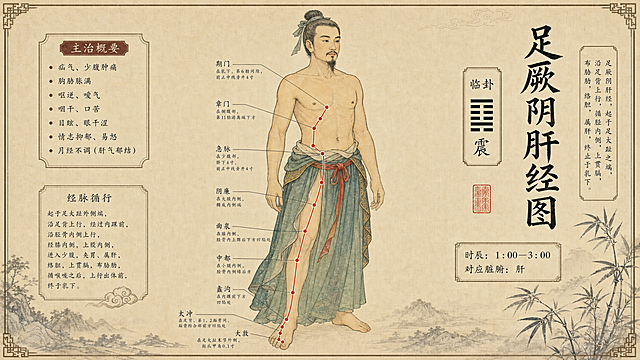 古风中医插画：足厥阴肝经图，男性人物站立姿态，经络线从足大趾经躯干至乳下，标注临卦、时辰1:00-3:00、主治概要，淡雅古纸背景