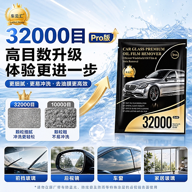 [商品] 使用【图1】车行汇32000目Pro版研磨巾包装袋；保留黑色+金色包装结构、银色轿车图案、金色皇冠车云汇Logo、"32000 Grit"大字、英文产品名"CAR GLASS PREMIUM OIL FILM REMOVER"、四个对勾卖点文字、1PCS圆形标、稀土氧化铈小字等全部包装文字与图案；包装袋写实还原，不改变颜色、比例和文字内容。
[画面] 第1张｜目数升级对比头图，目标突出32000目Pro版高目数升级定位。浅蓝色冰水海浪背景，清爽透亮，精致金色向上箭头装饰，简约科技风，光影干净。画面顶部大号蓝色字体"32000目"，右侧蓝底金字标签"Pro版"搭配金色向上箭头；其下方黑色超大标题"高目数升级 体验更进一步"。标题下方蓝色圆角横幅，内部白色小字"更细腻·更易冲洗·去油膜更高效"。画面左下区域材质对比模块：带金色小皇冠，蓝色标签写"32000目"，配细腻纹理图+蓝色文字"颗粒细腻 冲洗更轻松"；旁边灰色标签"10000目"，配粗糙纹理图+蓝色文字"颗粒粗 不易冲洗"。画面右侧完整摆放32000目版研磨巾实物包装袋，产品占画面约40%。画面最底部4个小缩略场景图横向排列，标签文字分别：前挡玻璃、后视镜、车窗、家居玻璃；最底部一行小号警告文字"*请勿在原厂带有防蓝光、防炫目及防雨等特殊涂层的后视镜表面使用"。左上角放置车行汇品牌logo。
[视觉] 套系策略：风格=8K超高清商业产品摄影+电商美工版式；标题字=中文粗体大黑字；正文字=中文无衬线粗体；主色=蓝+金+白；背景延展=基于蓝白做深浅层级、冰水海浪/玻璃水珠/科技光效质感；强调色=金色，仅用于小面积图标、箭头、标签边框和局部光效；标题色=深蓝/黑色；正文色=深蓝/白色；组件=蓝色圆角横幅、金色圆角标签、盾牌图标、对勾图标；光影=柔和前侧光，产品清晰突出，背景干净有层次。
[文字] 顶部主标题"32000目"大号蓝字+"Pro版"金标；副标题"高目数升级 体验更进一步"黑色超大字；中部横幅"更细腻·更易冲洗·去油膜更高效"白字；左下材质对比两组文字；底部4个场景标签+警告小字。所有文字横向排版，位置严格对齐参考构图，不遮挡产品主体。
[规格] 图片比例1:1正方形，8K超高清，抖音电商详情图。负向提示：避免UI按钮、二维码、水印、平台logo、竖排文字、旋转文字、文字过小、产品变形、包装文字错乱、颜色改变、极限词、虚假宣传。