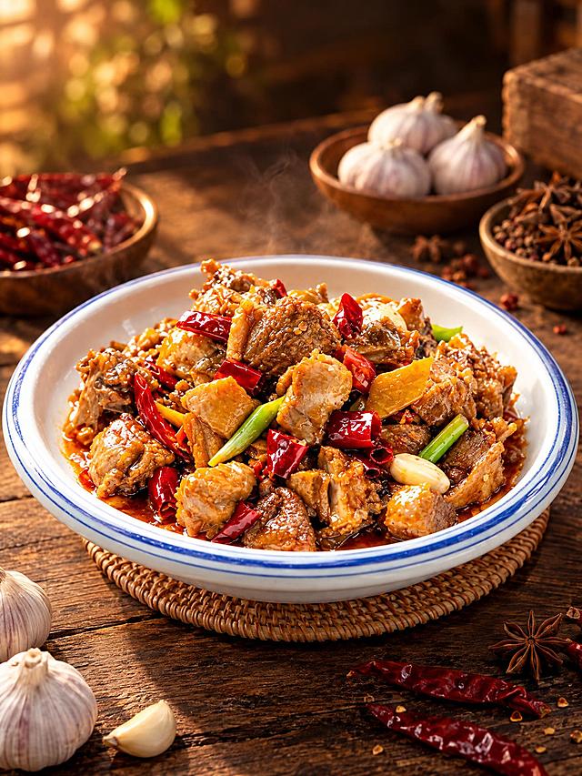 基于参考图中的红烧鸡块菜品，生成斜侧方45度带环境氛围角度的美食摄影图，保持菜品色泽红亮、辣椒葱段蒜瓣配料丰富，蓝边白瓷盘装盛，木质桌面背景，背景有独蒜、干辣椒、八角等香料，暖光侧逆光，暖色调专业美食摄影，高清细节，诱人食欲