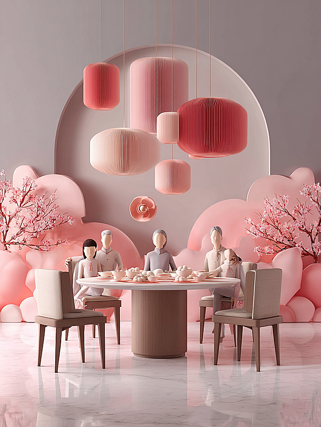 Minimalist modern fresh light luxury Nordic interior space, studio lighting, minimalist background, C4D rendering, 3D effect, rose gold elements, Chinese Lantern Festival reunion atmosphere, Chinese paper-cut art installations, round dining table with 6 small bowls of glutinous rice balls, a family of six including grandparents, parents, son and daughter sitting around the table, high-end texture, bright and open composition, symmetrical layout, vibrant colors, high contrast, strong three-dimensionality, modern aesthetics, warm festive atmosphere