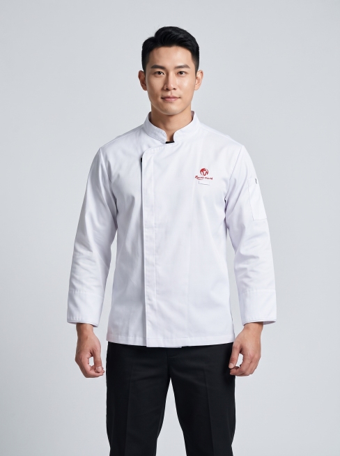 【主体保护指令】请保持参考图 1 中【白色厨师服上衣】的款式、颜色、材质、剪裁、图案、版型、logo 与原图一致，不做改动或再创作。画面其余元素（模特、场景、光影、构图）按后续描述生成。
这是一张专业预览效果