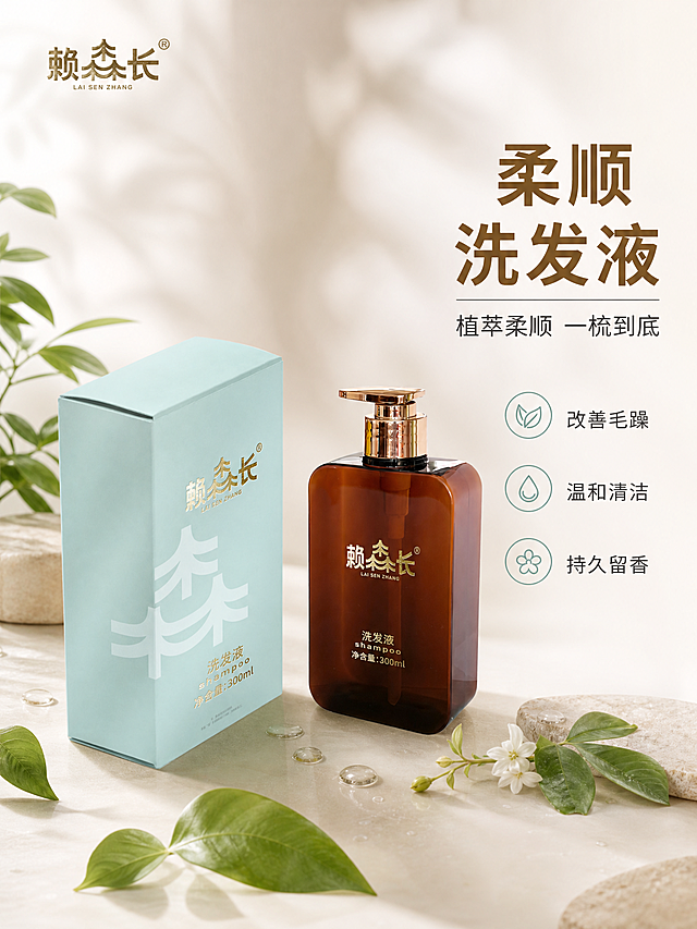 [主图-1] 首图品牌调性，展示赖森长柔顺洗发液的高级质感与植萃柔顺定位。
[统一基调] 整体风格为专业品质、温润植萃、高级静物摄影感；背景主色为浅米白渐变，点缀淡薄荷绿与浅棕琥珀色调；标题字色为深棕金，辅助字色为深灰，强调色为薄荷绿；字体为干净非衬线体，字号层级清晰；卡片与图标采用细线圆角极简样式。
[画面] 画面中央偏右位置放置赖森长柔顺洗发液棕色方瓶与浅薄荷绿外包装盒，瓶身与包装盒保持原图外观、颜色、材质、金色泵头和烫金文字完全一致，产品完整不切割，主体占比约65%。产品置于浅米色柔光静物台上，左侧与后方散落少量新鲜绿色植萃叶片与透明水滴，营造天然植萃氛围。左上角放置赖森长品牌同款金色Logo，位于安全区内。右侧负空间放置主标题与辅助卖点，不遮挡产品。
[光影质感] 高级商业静物摄影质感，柔光箱布光，主光从左上方打来，瓶身琥珀棕色呈现通透光泽，泵头金属质感清晰，底部有柔和自然的接触阴影，背景干净通透，整体光线均匀不刺眼。
[配色] 背景主色浅米白渐变，点缀薄荷绿叶片与琥珀棕产品，标题深棕金色，辅助文字深灰色，强调色薄荷绿。
[文字版式] 主标题大字“柔顺洗发液”，下方副标题“植萃柔顺 一梳到底”，再下方三行小卖点：“改善毛躁”“温和清洁”“持久留香”。文字右对齐，放在画面右侧负空间，主标题最大最粗，辅助文字缩小50%以上，全部使用同一种非衬线字体，不拉伸变形。
[输出要求] 比例3:4，文字清晰可读，产品清晰完整，无变形、错字、模糊、杂乱、水印、平台Logo。
