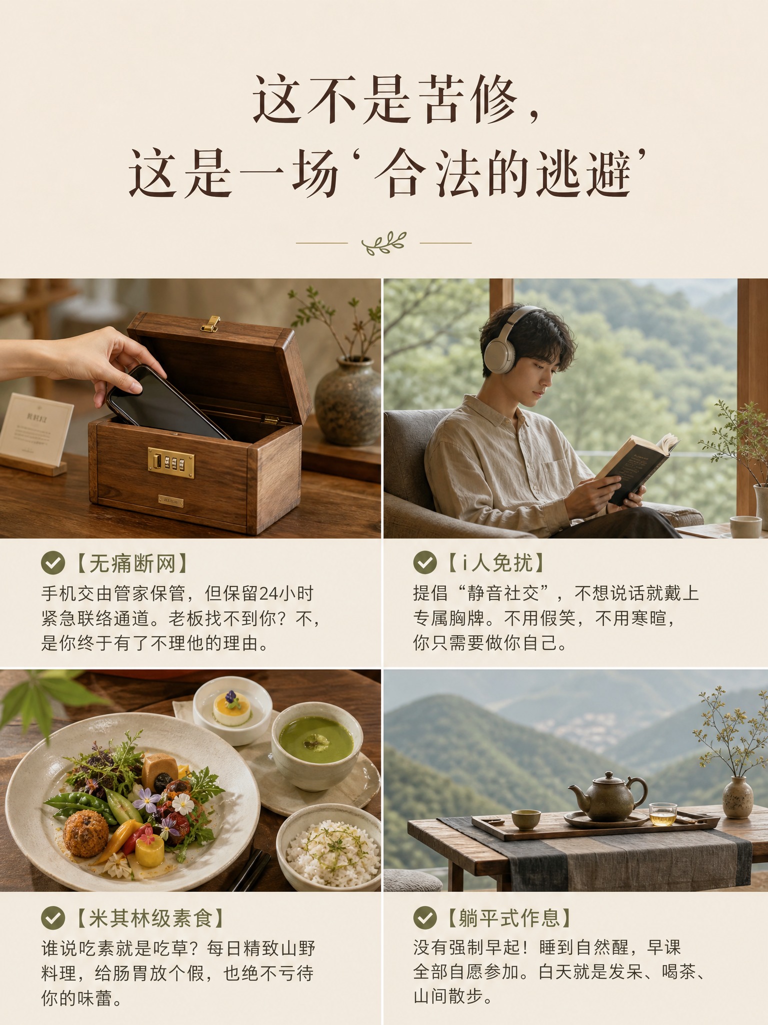 高端疗愈度假宣传图，竖版3:4，上下分割排版。上半部主标题区为… - 图片创意预览