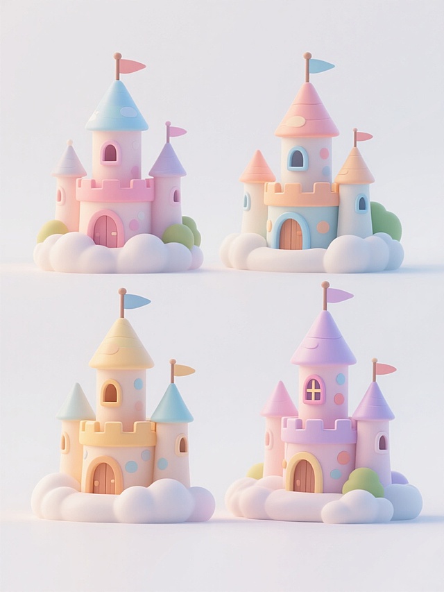 4个不同配色、不同样式、不同外观的可爱卡通城堡，保持Q版3D风格，圆润造型，平滑渐变色彩，柔和光影，每个城堡都有独特的塔楼形状、旗帜样式和窗户设计，底部有云朵装饰，所有城堡在纯白色背景上排列整齐，整体氛围梦幻甜美，充满童话色彩，精致细节，高清渲染，无文字元素