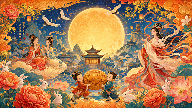 中秋节主题，国潮插画风格，全景构图，画面中央是带有旋转纹理的巨型金色满月，月光下是中国传统亭台楼阁，右侧是女子嫦娥，身着红白相间的飘逸汉服，姿态优雅，左侧有两位古代女子坐在云垫上，吃月饼，提灯笼，下方有两个小男孩捧着一个大月饼，多只可爱的白玉兔藏在牡丹花中，天空中有三只白鹤飞翔，背景是包含青山、古建筑、宝塔的中国传统山水画，橙黄色旋转祥云框住整个画面，深蓝色星空夜幕背景，点缀牡丹、桂花、荷花，色彩丰富温暖，配色为橙、金、红、青、蓝，线条干净，渐变平滑，带有中国传统纹样，氛围梦幻空灵，充满节日气息，宽幅横版构图，masterpiece, best quality, 8k, ultra-detailed, official art