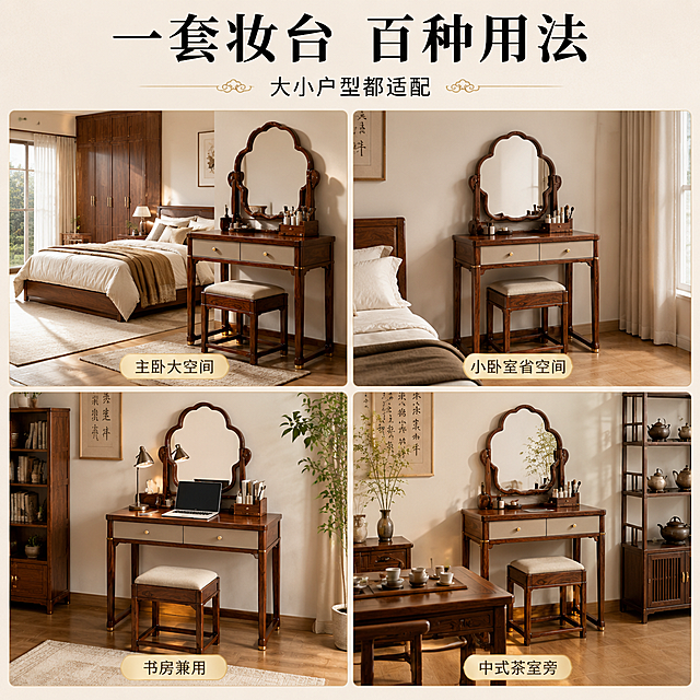 保持梳妆台凳产品外观结构材质颜色与原图完全一致（梅花镜、L型分体结构、浅灰抽屉、方凳等所有细节必须一模一样，绝对不能改造型），四宫格拼图展示同一套妆台凳在不同空间的效果：左上「主卧大空间」配大床衣柜落地窗，右上「小卧室省空间」收起状态靠墙角，左下「书房兼用」展开当书桌放电脑书籍，右下「中式茶室旁」与茶桌博古架搭配。每格底部贴标签标注场景名。顶部主标题"一套妆台 百种用法"黑色粗宋体，副标题"大小户型都适配"。四格均为自然日间暖光，风格统一。1:1比例，文字清晰，超高清商业摄影质感。