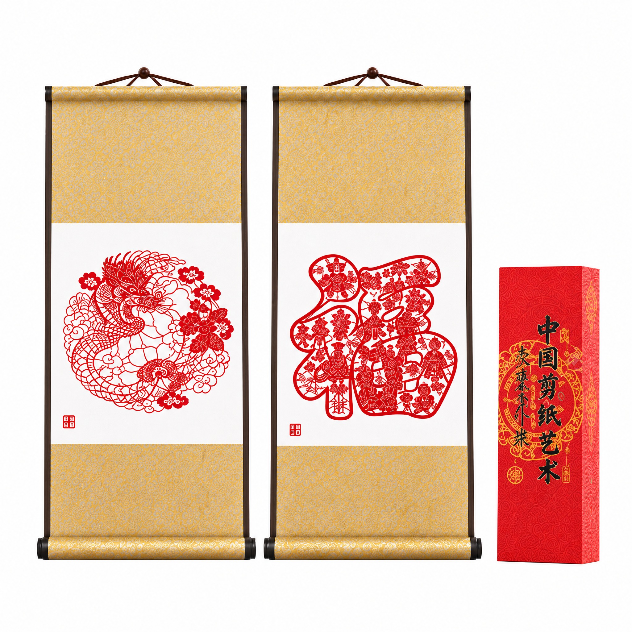基于参考图中的中国剪纸卷轴挂画产品，生成正面视角的产品展示图，… - 图片创意预览
