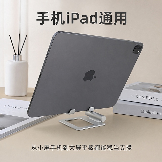 [主图-4] iPad大尺寸平板适配展示
[氛围风格] 实用场景展示，干净真实
[画质] 商业摄影质感、光线柔和通透、产品清晰真实、画面干净高级
[元素] 支架稳定支撑iPad平板，展示大尺寸设备适配效果，保持支架产品外观、物理结构、材质质感、颜色与输入产品图绝对一致，杜绝任何变形和色差，精细化处理。浅米色桌面背景，场景真实自然。
[光影] 明亮柔和自然光，真实展示支撑稳定性
[配色] 浅米背景，产品和设备颜色自然区分
[视角构图] 侧视角展示支撑效果，整体画面平衡
[文字版式] 顶部标题写"手机iPad通用"，底部补充说明：从小屏手机到大屏平板都能稳当支撑，文字简洁清晰
[比例分辨率] 1:1 比例，2048px * 2048px，文字清晰锐利，超高清
[负向提示词] 变形，文字错乱，产品图模糊，背景杂乱，水印，电商平台Logo