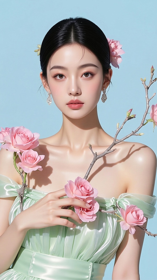 把这张图片的背景换成浅天空蓝的纯色，保留人物、花枝和衣服的所有内容不变