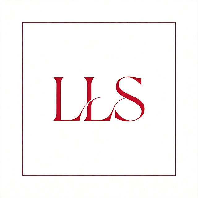 纯白色干净背景。平面艺术字体设计，主体字母"LLS"，所有字母单行横向排列。女性简约优雅风格，纤细连笔设计，曲线艺术变形，线条流畅柔美，几何切割重构。主体字母为正红色，红色简约配色。仅包含3个字母："LLS"，不得增加、遗漏或替换。文字整体完整呈现，不裁切，四周留边。比例1:1。