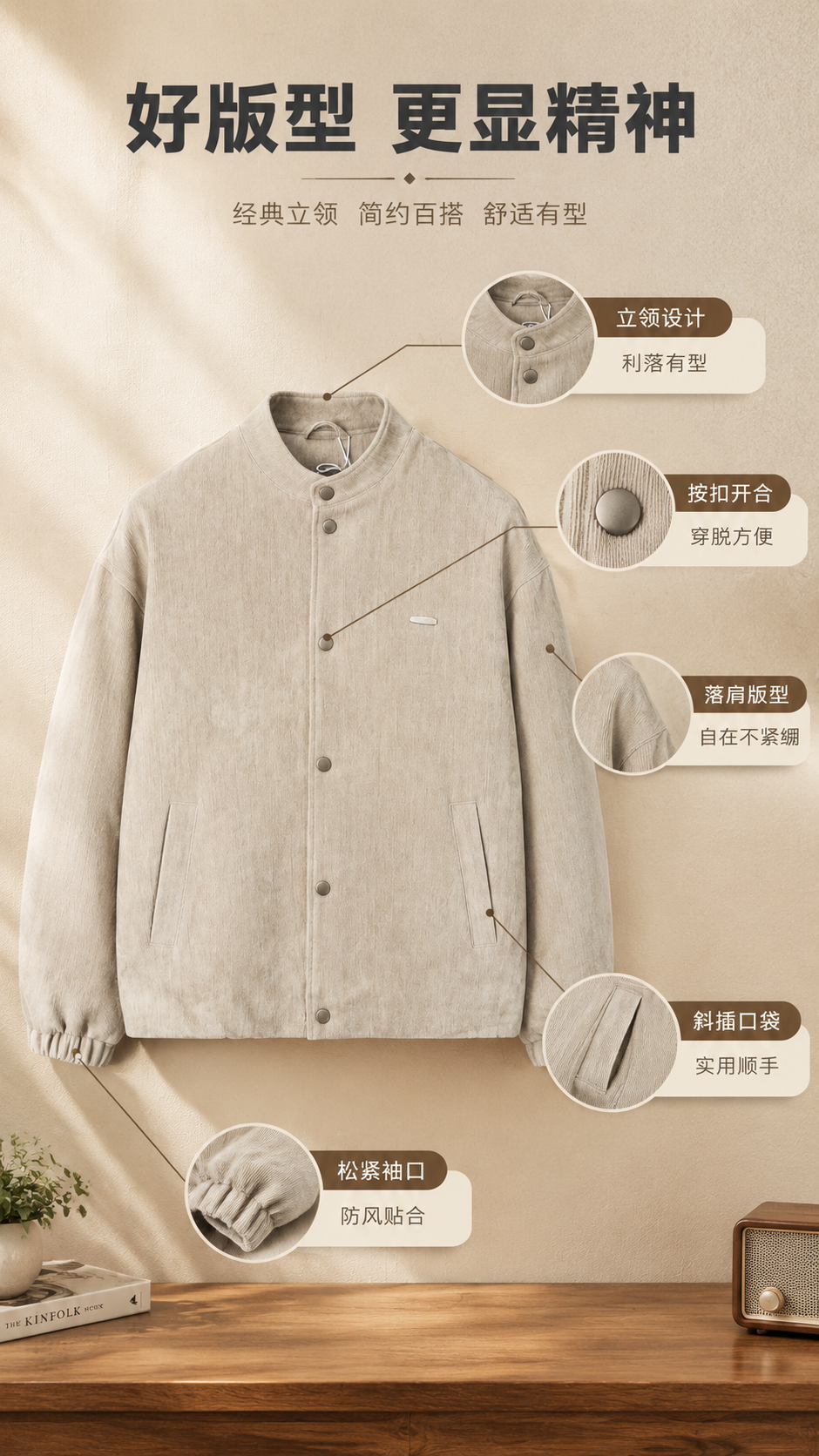 [商品] 使用【图1】燕麦浅卡其色灯芯绒立领夹克；商品处理：保… - 图片创意预览