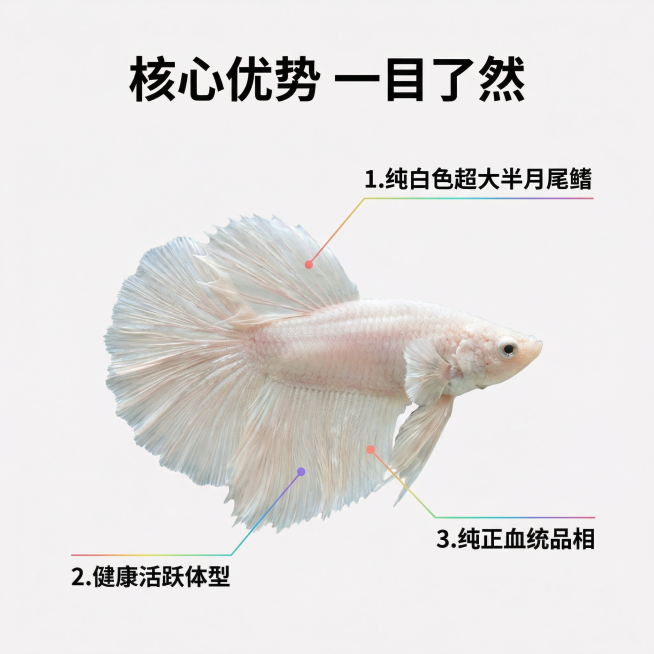 [主图 2] 泰国斗鱼核心亮点展示。氛围风格：真实清晰，突出产品优势。画面元素：保留斗鱼原有形态，以斗鱼为中心，用引线标注核心亮点：1.纯白色超大半月尾鳍；2.健康活跃体型；3.纯正血统品相。保留斗鱼预览效果