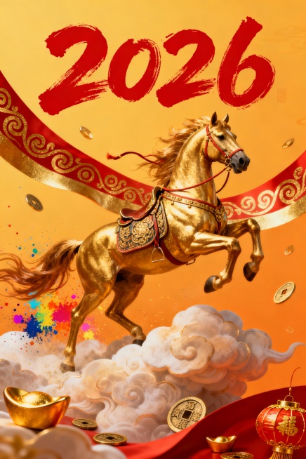 2026马年新春主题海报，橙黄色背景，红金主色调。画面上方是书法笔触风格的红色“2026”字样，画面中后位置是一匹身姿矫健的金色骏马，佩戴精致马鞍，前蹄抬起奔腾于祥云之上，马尾与缰绳随风飘动；骏马周围预览效果