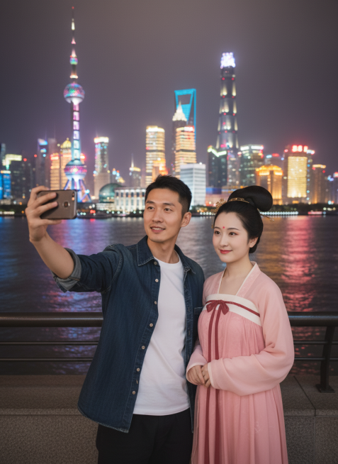 帮图1男生生成一张和图2人物在上海外滩的自拍合照，图2的人物要真实服装不变，图片要求真实感强，细节丰富，一张非常真实的合照预览效果