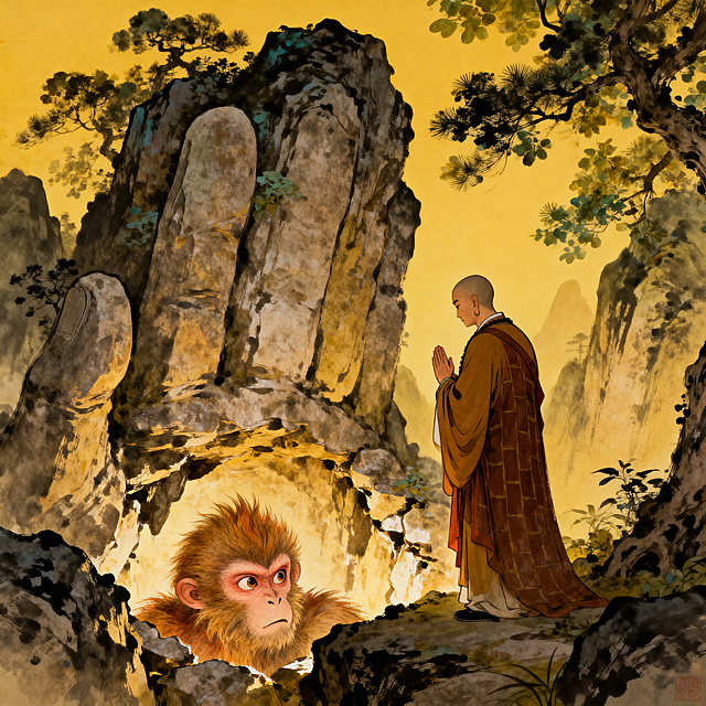 西游记主题插画，唐僧作为主角突出展示，在五指山下救出孙悟空的经典场景，古典国风插画，细节丰富，充满故事性，山石苍劲，树木葱郁，人物神态生动，构图层次分明