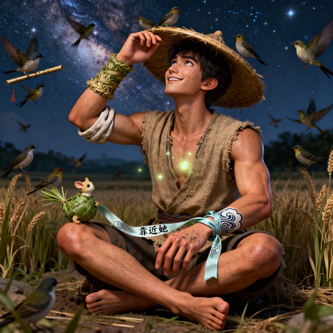 帮我生成图片：年龄外观：20-22岁青年体格：精瘦而结实，有田间劳作形成的流畅肌肉线条面容：小麦肤色，剑眉星目，眼角有因常笑产生的细纹双手：掌心有茧但手指修长，右手腕处有织女系的云纹丝带预览效果