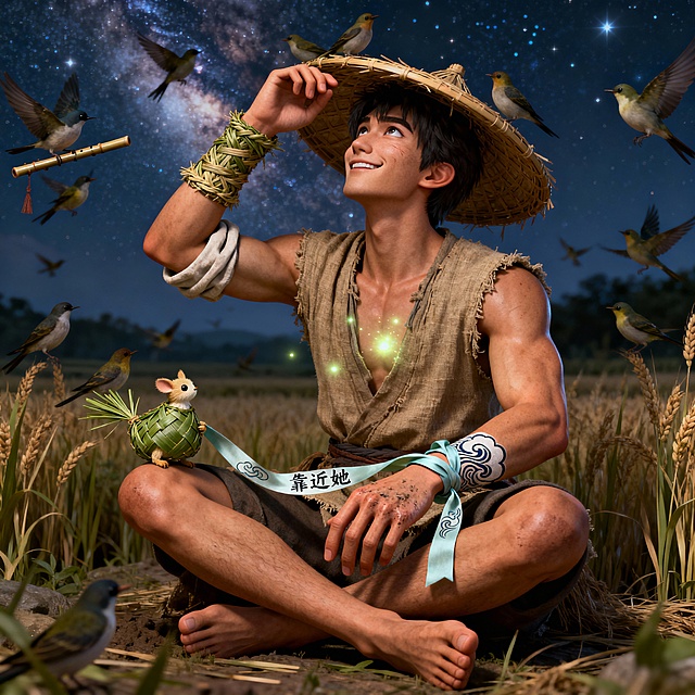 帮我生成图片：年龄外观：20-22岁青年体格：精瘦而结实，有田间劳作形成的流畅肌肉线条面容：小麦肤色，剑眉星目，眼角有因常笑产生的细纹双手：掌心有茧但手指修长，右手腕处有织女系的云纹丝带特别印记：心口处因思念发光，微弱如萤火身穿麻布短褐，卷袖至肘草编护腕，竹斗笠赤足（后为织女所制布履）核心特质：质朴坚定的守护者日常姿态：习惯性仰望银河，一站就是整夜技能特征：能用草叶编出灵动小动物；吹笛时引来雀鸟环绕情感表达：沉默的守望者，但所有行动都指向“靠近她”标志动作：搭凉棚眺望；无意识摩挲腕间丝带风格为3D国漫