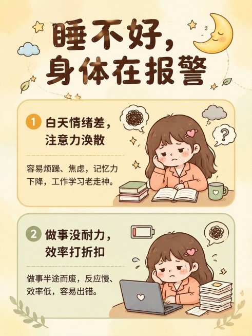 小红书生活干货图文内页，延续参考图可爱卡通插画风，浅暖黄渐变背景，分区展示睡不好的坏处标题为「睡不好，身体在报警」，分两个分区，分别写：1.白天情绪差，注意力涣散 2.做事没耐力，效率打折扣，每个分区预览效果