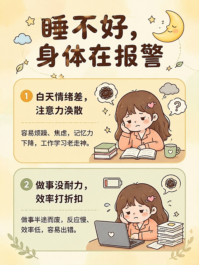 小红书生活干货图文内页，延续参考图可爱卡通插画风，浅暖黄渐变背景，分区展示睡不好的坏处标题为「睡不好，身体在报警」，分两个分区，分别写：1.白天情绪差，注意力涣散 2.做事没耐力，效率打折扣，每个分区搭配对应可爱简笔画，字体风格、色块版式与参考图保持一致，整体风格治愈可爱，画面比例3:4，4K，和上传参考图排版风格一致。