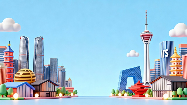 成都2.5D城市建筑群场景，画面中包含现代建筑、电视塔、双子塔、ifs、太古里等标志性元素，采用2.5D立体化的小建筑风格，呈现C4D场景，整体色彩明快，细节丰富，建筑造型卡通化且具有立体感，灯光效果柔和，背景为浅蓝色天空，建筑分布两侧，中间留出天空
