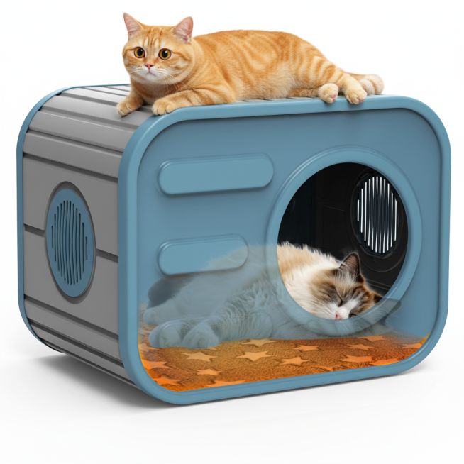 在参考图1基础上生成猫窝顶部慵懒趴着一只圆眼橘色猫（好奇表情），露出好奇表情，猫咪头部朝向在左，画面干净通透，色调柔和温暖，质感像高清商品展示图，背景纯白无杂物。预览效果