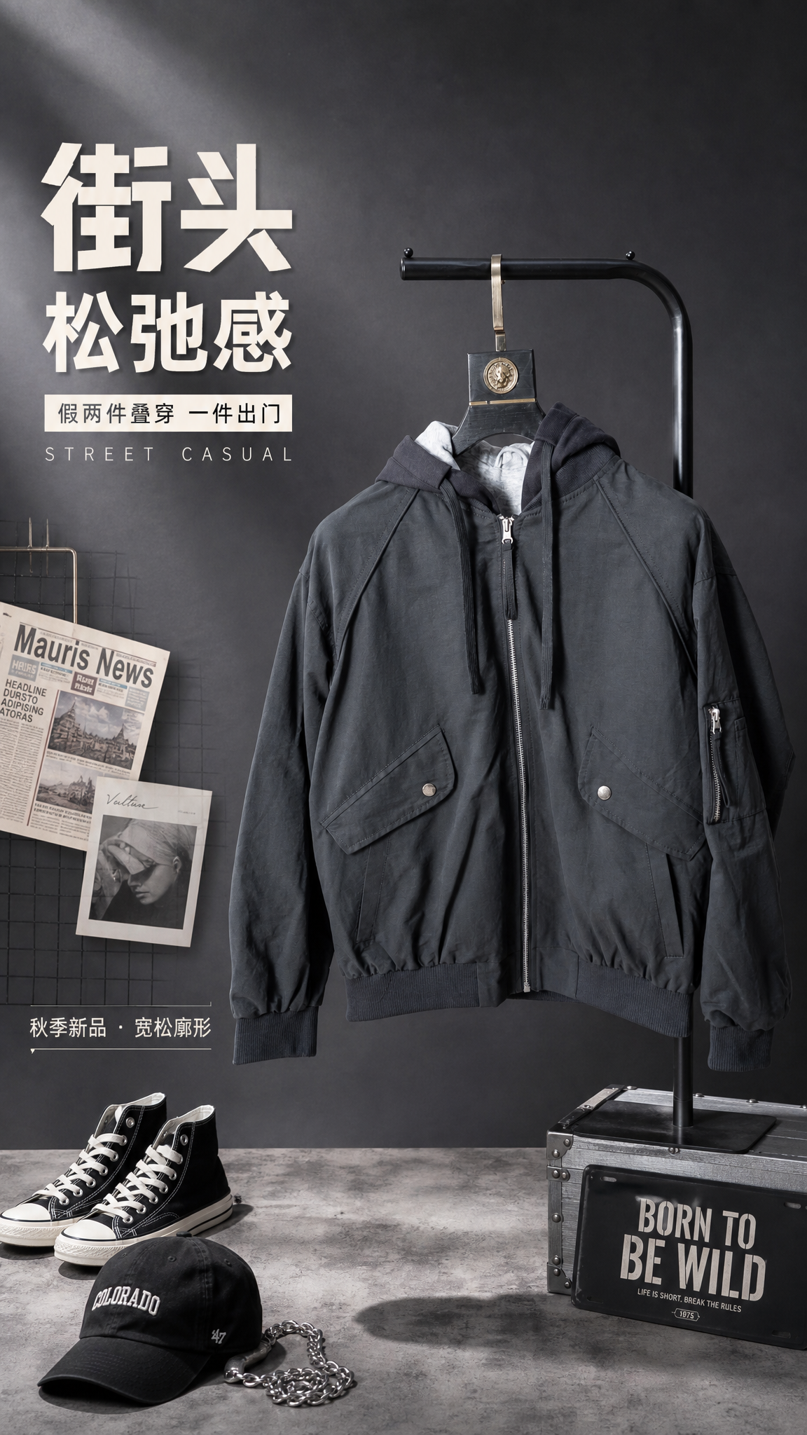 [第1张] 详情页头图-深灰色假两件连帽夹克主视觉海报。本张使… - 图片创意预览