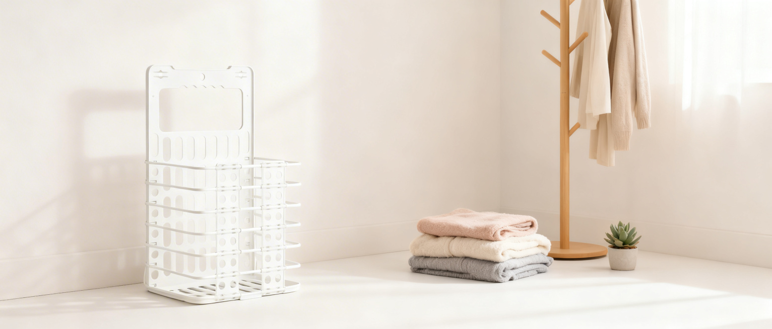 白色折叠脏衣篮放置在画面最左侧，背景为简约ins风居家角落场景，右侧有落地衣帽架、叠放的软乎乎的居家衣物和小型多肉盆栽，光线明亮柔和，氛围清新治愈，突出产品收纳便捷的特点预览效果