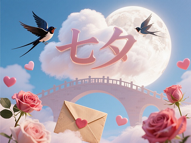 背景甜蜜浪漫氛围，心形云朵托举标题，鹊桥弧形承载文案，月光剪影镂空出文字，信封撕开露出"七夕"字样。创意字体设计点缀两只喜鹊、玫瑰花朵爱心元素。