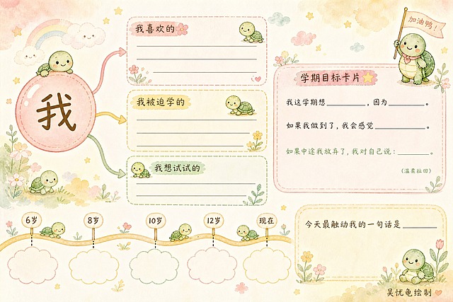 基于参考图的风格和元素，重新设计为A4横版（横向）布局的温馨手绘水彩风格个人成长探索图。整体色调柔和温暖，以奶油黄、淡粉、薄荷绿为主色调，水彩晕染背景，有淡淡的云朵、彩虹、星星、小花等装饰元素，氛围温馨治愈。画面左侧上方是一个大大的圆形气泡，里面写着"我"，从圆形延伸出三条可爱的曲线箭头分别指向右侧三个并排的分支框：第一个粉色框标题"我喜欢的"，第二个黄色框标题"我被迫学的"，第三个绿色框标题"我想试试的"，每个框内有横线供书写，框边点缀小花和小乌龟。画面左下方是蜿蜒的时间线，标注着"6岁""8岁""10岁""12岁""现在"五个时间节点，每个节点旁有云朵形状填写框，时间线上趴着可爱的小乌龟。画面右侧上方是学期目标卡片区域，用柔和的圆角边框和淡粉色底色装饰，卡片标题"学期目标卡片"，内部分三行：第一行"我这学期想__________，因为__________。"，第二行"如果我做到了，我会感觉__________。"，第三行用浅绿色写着"如果中途我放弃了，我对自己说：__________。"，旁边标注小字"（温柔拉回）"，卡片旁有一只举着小旗子的可爱小乌龟。画面右侧底部是底部留白区域，写着"今天最触动我的一句话是__________"。画面右下角写着手写体"吴忧龟绘制"字样。画面各处点缀着多只可爱圆润的小乌龟图案，小乌龟带着微笑表情。注意：画面中不要出现"文字 ←→ 我的生活"及其示例相关的任何内容。整体版式精美，排版清晰，横版布局合理，留有充足书写空间，适合打印使用。