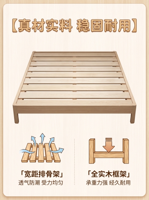 电商详情页，工艺结构展示板块，标题【真材实料 稳固耐用】，上半部分展示床底排骨架整体结构，保持实木排骨架细节与原图一致，下半部分分两栏：左侧文字「宽距排骨架 透气防潮 受力均匀」，右侧文字「全实木框架预览效果