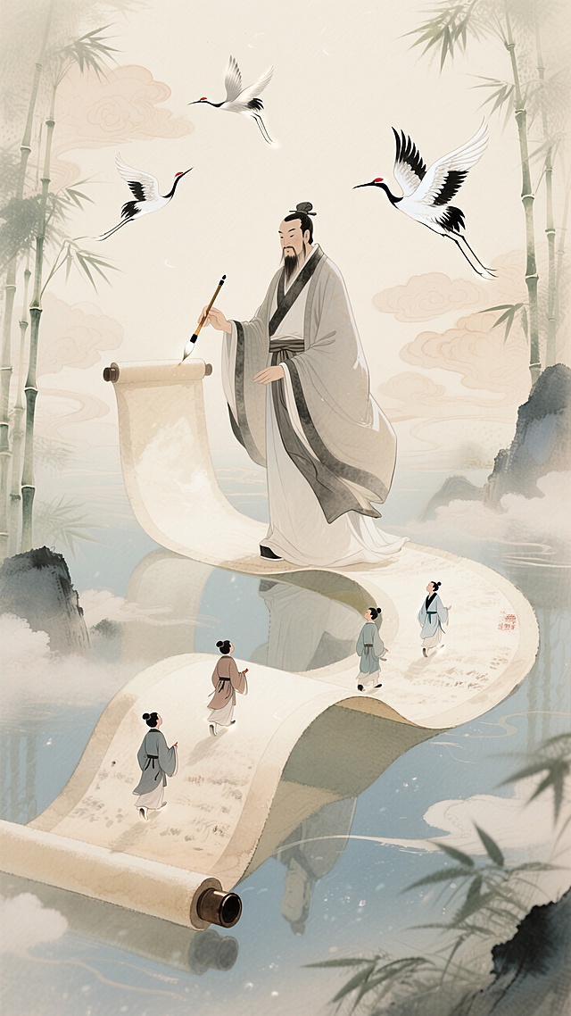 混合细腻彩铅质感，杏色为主色调。一个巨型的夫子（拿着一支毛笔）点着悬浮的蜿蜒不断的巨型卷轴；有几个古代学子行走在卷轴上；背景有飞鹤、祥云；竹子点缀画面。