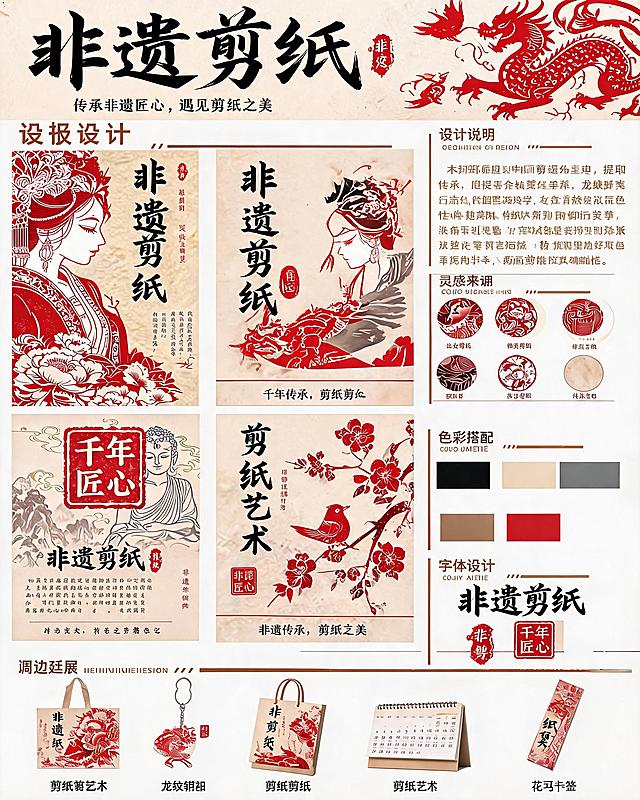 将展板主标题和所有相关文字中的"中国剪纸"修改为"非遗剪纸"，保持整体红色剪纸风格和版式布局不变，修正所有对应文字