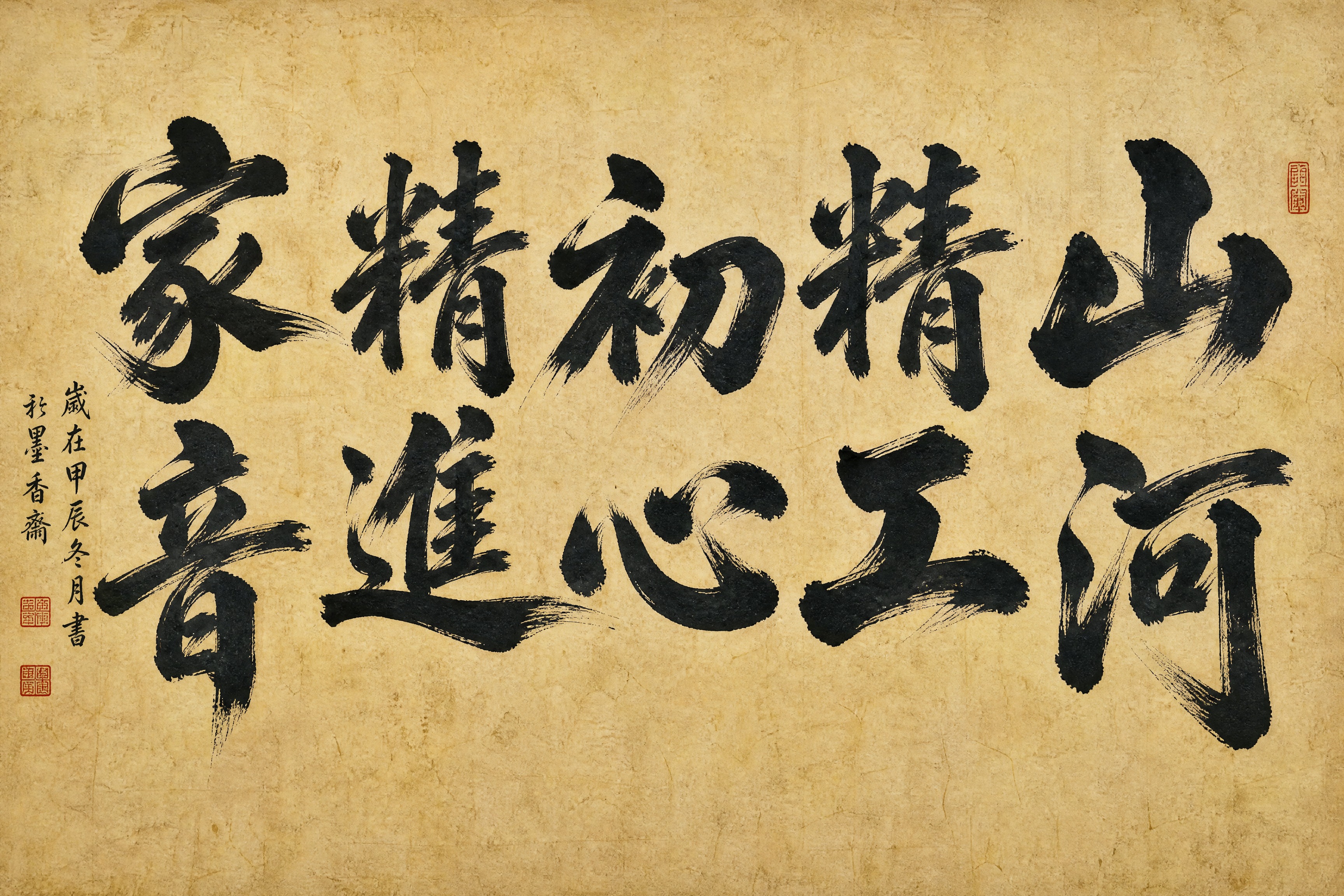 一幅中国传统书法作品，主题文字为"山河 精工 初心 精进 家音… - 图片创意预览