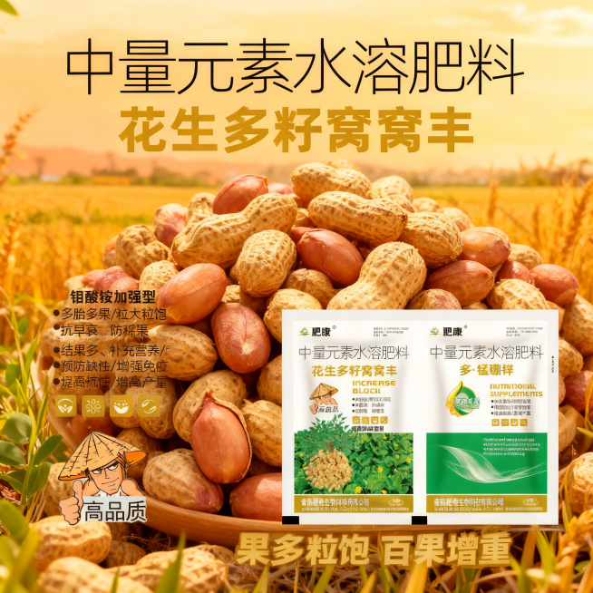 拼多多农资主图1:1正方形，突出最终收获效果，展示颗粒饱满的花生果实，搭配产品包装，主打"果多粒饱 百果增重"卖点，暖色调丰收风格设计预览效果