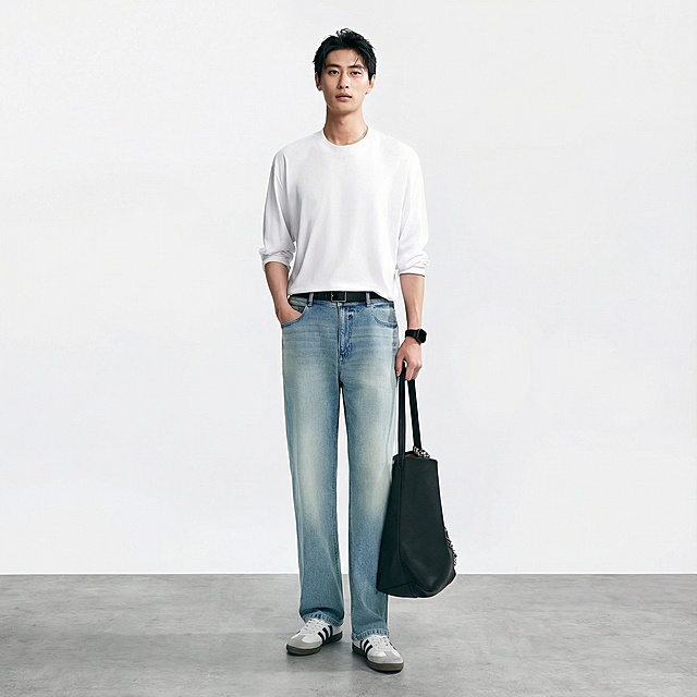 把白底图的衣服穿到模特身上
场景:灰色地面与白色背景，光线自然，背景简洁
画质要求:写实，8k，高细节，对焦清晰，光线自然，无变形