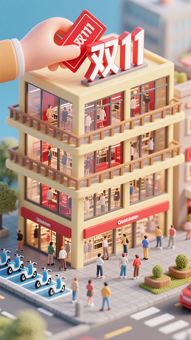 主体为错落式现代商场建筑，整体以浅黄为主色调，红色的橱窗装饰、店招与廊柱线条作为点缀，外立面满布全落地玻璃，三层及以上设有带木质护栏的现代感观景阳台。商场正前方矗立一座独立立式广告牌，巨型 “双 11” 艺术字体以红底白边样式呈现，视觉冲击力强。建筑顶部伸出一只肉色的手，掌心朝前托着一枚发光的红色优惠券，姿态生动自然。商场前是铺有灰色地砖的开阔广场，周边街景里，蓝白相间的共享电动车整齐停放在划线区域，行人和购物人群步履从容，部分顾客在商场内的休闲区高脚椅上聊天小憩，购物者在店铺内有序挑选商品，整体氛围高效、有序且充满现代消费活力。