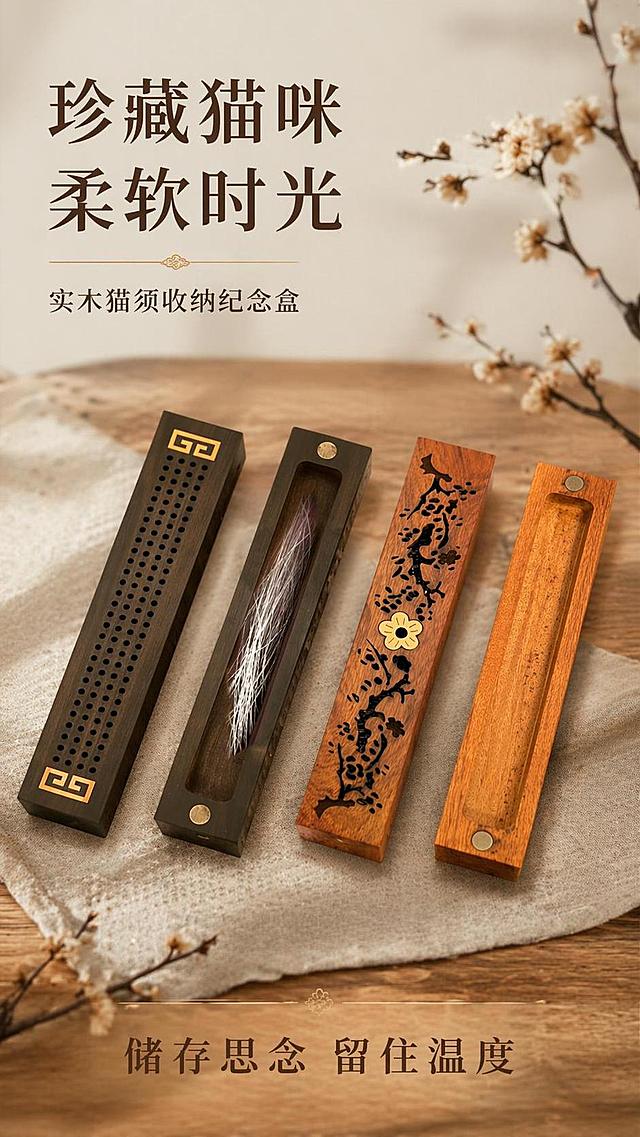 [第1屏] 详情页头图-猫须收纳盒产品宣传海报。本屏使用【图1】作为商品主体。
[氛围/风格] 国风简约质感风，温馨家居氛围，商业摄影质感，突出实木温润的高级感。
[元素布局] 两款猫须收纳盒平行摆放于画面中心，占比约70%；背景搭配浅棕色木质桌面+浅灰亚麻织物衬布，点缀干燥梅花枝作装饰，保持产品结构、材质、颜色与输入产品图一致。
[光影质感] 左侧柔暖主光，右侧自然投影，木材表面保留清晰木纹高光，整体光线均匀通透，突出材质质感。
[配色色系] 全局底色 #F5F0E6，主色为原木暖棕+深褐，辅助色浅灰衬布、黄铜装饰点缀。
[视角构图] 正面平视构图，产品为绝对视觉中心，阅读从上到下自然流畅。
[文字版式] 版式为顶部标题 + 中部产品 + 底部slogan。主标题「珍藏猫咪柔软时光」，副标题「实木猫须收纳纪念盒」，文字左对齐；底部slogan「储存思念 留住温度」，文字清晰不遮挡产品主体。
[比例分辨率] 9:16 竖版比例，4K分辨率，文字清晰可辨，高清画质。
[负向提示词] 产品变形，缺件错件，颜色偏差，水印，文字错乱，产品图模糊，文字过小