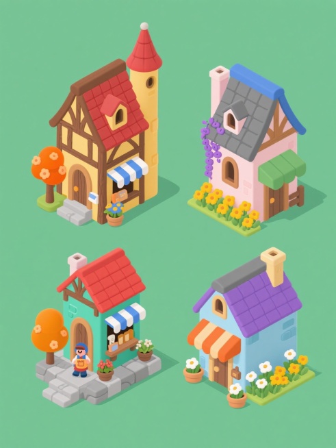 四个同系列的Q版卡通风格建筑插画，均采用纯色背景和等距视角，保持中世纪欧洲半木结构房屋的元素类目（尖顶塔楼、外露木框架、带遮阳篷的底层店铺、门前石阶、盆栽花卉、小商贩角色），但每个建筑具有完全不同的独特设计：第一个为红棕色屋顶搭配暖黄色墙面，门前有橙色花树和蓝色遮阳篷；第二个是蓝灰色屋顶配浅粉色墙面，点缀紫色藤蔓和绿色遮阳篷；第三个为橙红色屋顶搭配青绿色墙面，周围环绕黄色花丛和红色遮阳篷；第四……预览效果