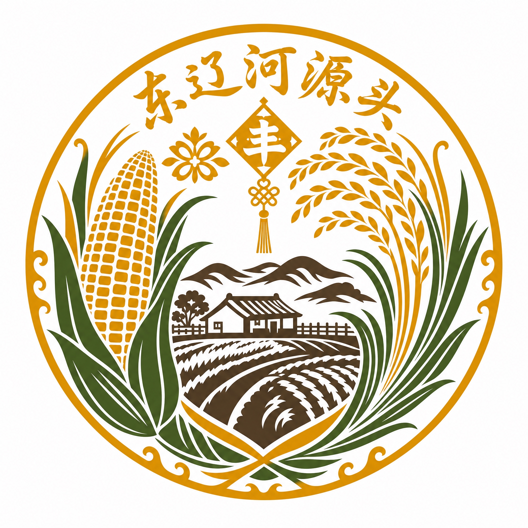 在圆形图标顶部添加"东辽河源头"书法风格文字，整体图案转换为纯… - 图片创意预览