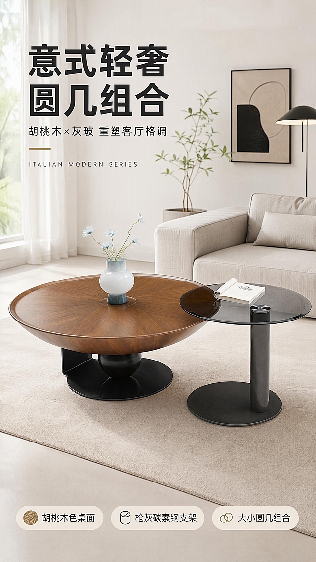 [第1张] 详情页头图-意式轻奢胡桃木色圆形茶几边几组合主视觉海报。本张使用【图1】作为商品主体，大小圆几组合完整展示。
[氛围/风格] 意式轻奢现代风，亮色调为主，高级商业摄影质感，客厅整屋生活方式场景，温暖明亮自然光。
[元素布局] 大小圆几组合置于画面中下部偏右，占比约55%；大圆几（胡桃木色中纤板桌面+枪灰碳素钢支架+玻璃钢底座）在前，小圆几（灰玻桌面+枪灰碳素钢单柱支架）在右侧稍后；背景为现代简约客厅，浅灰色布艺沙发一角，米色地毯，白色墙面，左侧落地窗透进柔和自然光，点缀绿植、艺术挂画、落地灯；产品物理结构、比例轮廓、材质质感、颜色与输入图完全一致，胡桃木色桌面纹理清晰，灰玻通透，枪灰金属哑光质感。
[光影质感] 左侧自然光为主光源，右侧柔和补光，桌面有自然高光反射，底部投影自然柔和，整体通透明亮。
[配色色系] 全局底色 #FAF8F5（暖米白）；主色胡桃木棕+枪灰；辅助色米白、浅灰、少量绿植点缀。
[视角构图] 45°斜侧微俯视，产品为视觉中心，阅读动线左上标题→中部产品→底部信息条。
[文字版式] 左上标题区+右侧产品+底部信息条。主标题「意式轻奢 圆几组合」，副标题「胡桃木×灰玻 重塑客厅格调」，两行黑体左对齐；标题下英文装饰「ITALIAN MODERN SERIES」；底部三胶囊卖点「胡桃木色桌面」「枪灰碳素钢支架」「大小圆几组合」；文字不遮挡产品主体。
[比例分辨率] 9:16竖版比例，4K分辨率，文字清晰可辨，高清画质。
[负向提示词] 产品变形，缺件错件，结构错误，颜色偏差，水印，文字错乱，文字过小，背景杂乱，产品模糊。