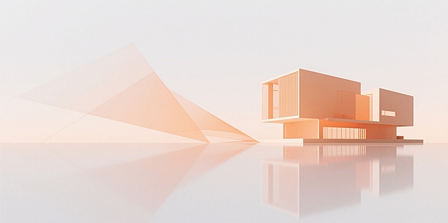 画面中包含朦胧感的几何折线元素，右侧有现代建筑模型的剪影，建筑模型呈现出立体图效果，整体画面朦胧虚实相称，色调为柔和的浅橙色系，和谐统一，背景为渐变的白色与浅橙色融合，带有轻微的光感和通透感，建筑模型有倒影效果，几何元素线条流畅，呈现出动态的视觉效果