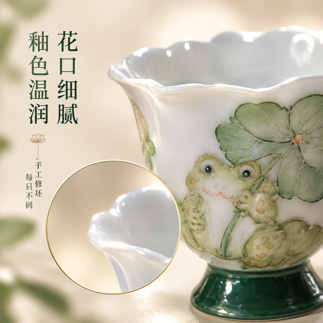 [主图-3] 花口高足青蛙荷叶杯 材质细节 花口与釉面特写 [… - 图片创意预览