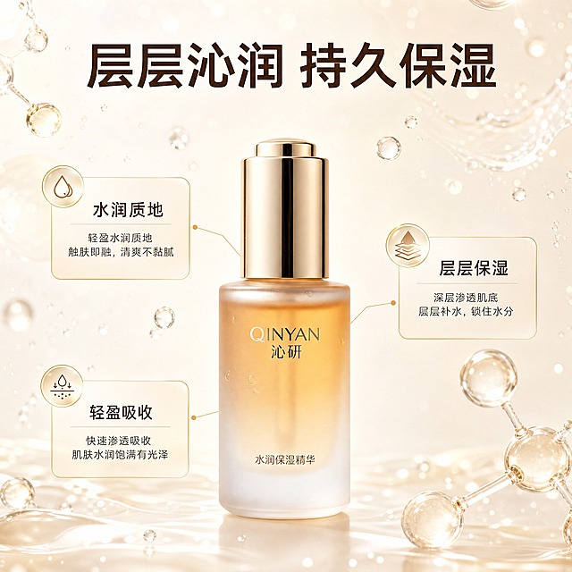 [主图-2] 核心功效解析图：以水润机理可视化证明产品的保湿力。
[统一基调] 高端护肤商业摄影，明调奶油白与香槟金主色系；背景为奶油白至淡香槟渐变，细碎水珠与柔和水光点缀；主标题使用干净无衬线粗体，深琥珀棕字色；辅助文字使用暖灰深棕色细体；强调色为琥珀金；图标与卡片采用细线框和半透明浅金质感；整体通透、洁净、专业。
[画面] 产品居中偏下完整入画，瓶身细节与原图一致；上方与两侧悬浮透明3D水分子球、晶莹水滴与细水线，产品周围用极简细线连接三块半透明浅金小卡片，分别标注「水润质地」「层层保湿」「轻盈吸收」；背景奶油白渐变，仅保留少量水光纹理，不抢产品。
[光影质感] 柔光箱大面积柔光，水分子球带通透折射与高光，产品玻璃磨砂质感、金属泵头高光清晰，瓶底有柔和接触阴影。
[配色] 背景奶油白至淡香槟渐变，深琥珀棕文字，琥珀金细线与卡片描边，水滴浅金色点缀，不整页改蓝改绿。
[文字版式] 主标题「层层沁润 持久保湿」置于画面上方，大号粗体深琥珀棕；三张卡片小字为辅助层级，字号约为主标题一半，横排不竖排。
[输出要求] 1:1 构图，文字清晰无错字，产品清晰不变形，悬浮元素层次自然；负向：变形、错字、模糊、杂乱、水印、平台Logo、厚重色块底板。
