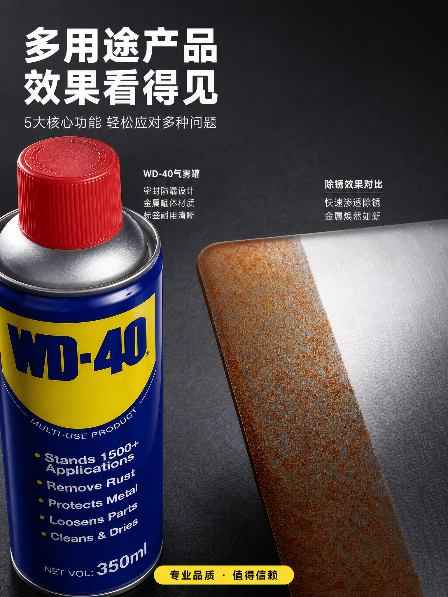详情页细节微距图，WD-40多用途产品罐身细节特写。高级简约工… - 图片创意预览