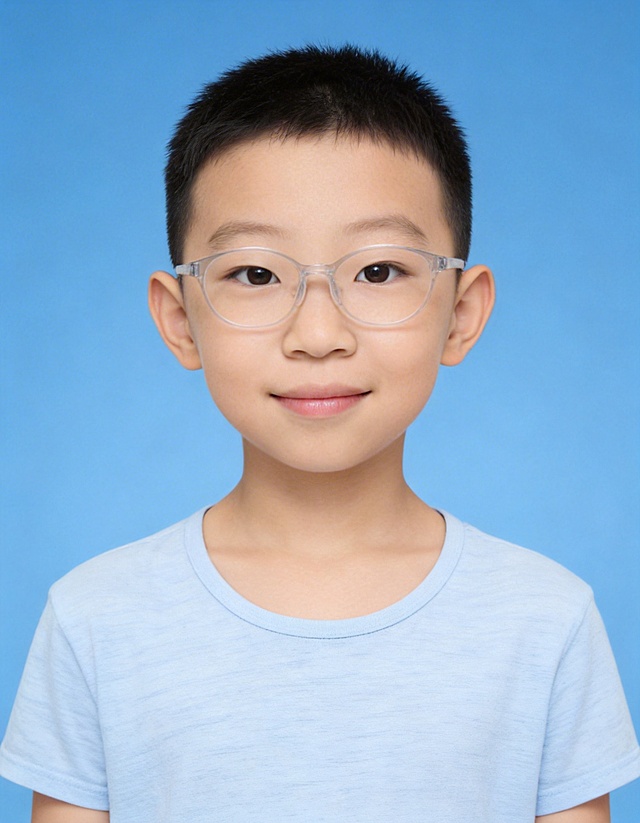 保留第一张图中人物发型､脸型､年龄特征生成标准样式纯正面儿童证件照;人物主体严格居中,头部大小与位置严格对齐第二张图,双肩水平平衡,面部中轴线对齐画面中心,正视前方;标准儿童证件照构图,人物绝对居中,头顶上方距离上边缘高度10%,下巴距离画面下边缘高度36%,人物主体占比约72%;肩部平展与画面水平轴平行;头部占比严格对齐第二张图;提亮肤色,消除暗沉,清透裸妆,隐形毛孔,均匀肤色,唇色自然提亮;肤色白皙细腻,原生轻透肤质;眼神澄澈,看向镜头,气质自信,嘴角微微上扬表情自然;耳廓可见度一致;肩部平展,肩线与画面水平轴平行;头肩比例协调呈现;免冠,不戴帽子,无头饰,无发带;佩戴眼镜,眼镜无反光;身着浅蓝色浅纹圆领短袖T恤,无首饰;柔和正面顺光均匀柔光,面部明亮无硬影,背景均匀提亮,画质清晰,零噪点降噪;面部清晰;背景亮度均匀统一;高清锐利画质,细节清晰可见;零噪点处理;色彩还原自然;均匀柔和布光,无明显阴影,面部光影干净,柔光正面打光,自然光影过渡,皮肤质感细腻,哑光质感;标准焦段50mm,纯正面,入境范围头部至胸部以上区域,F/4光圈(兼容F/2.8-F/4区间),平视视角(镜头与人物视线完全齐平),正视视图;人物绝对居中(居中构图),位于画面中心;严格限定标准证件照规格;视线水平(瞳孔连线与画面水平线平行);双耳对称露出,双肩水平且平衡,头部占比严格对齐垫图,禁止大头照(画面铺满画布,无边框留白);专业证件照质感,高清人像质感,细腻皮肤纹理;严格按照第一张图内容生成,分辨率4K,尺寸35mm*45mm,极简纯色蓝色背景,禁止裁切头顶, 禁止额头被截,禁止超大头,禁止主体溢出画面,禁止偏头/倾斜,头顶上边距8-10%,头部高度60-68%,双眼高度56-58%,严格对齐第二张垫图,画面比例7:9