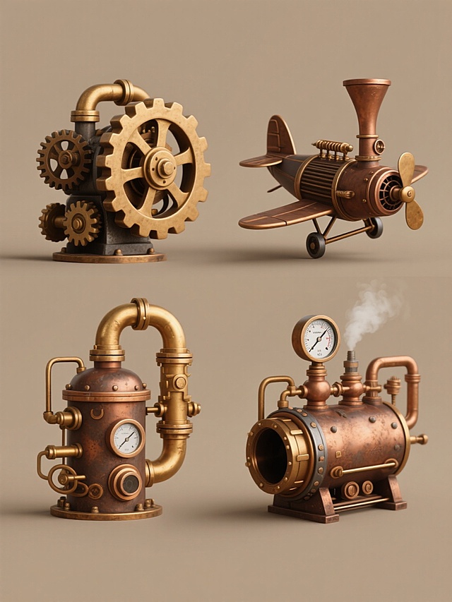 蒸汽朋克风格系列素材集合，四个完全不同造型的蒸汽元素，包括复古齿轮机械装置、黄铜蒸汽管道、带压力表的锅炉和蒸汽动力飞行器，每个元素细节丰富，采用棕褐色与金属铜色为主色调，具有工业质感和机械精密感，以2x2网格规整排布在纯色背景上，整体风格统一，视觉平衡，适合作为系列素材使用。