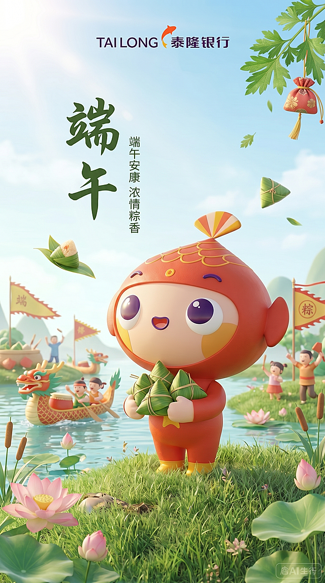 参考这张海报的风格，保留泰隆银行logo，保留红色卡通小鱼IP形象，换成端午节主题，保留相同构图排版，将文字改成端午，内容为'端午安康 浓情粽香'，背景换成户外端午主题，保留清新3D卡通风格，保留竖版构图