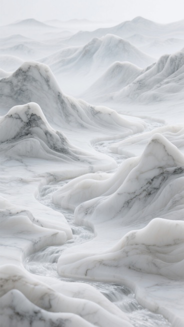 纯净的白色大理石纹理，纹理自然流畅，呈现出山水风光的意象，仿佛连绵起伏的山峦和蜿蜒流淌的溪流，整体风格简约大气，具有自然的美感和艺术气息。预览效果