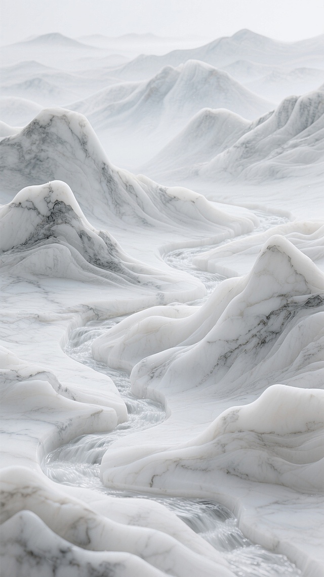 纯净的白色大理石纹理，纹理自然流畅，呈现出山水风光的意象，仿佛连绵起伏的山峦和蜿蜒流淌的溪流，整体风格简约大气，具有自然的美感和艺术气息。